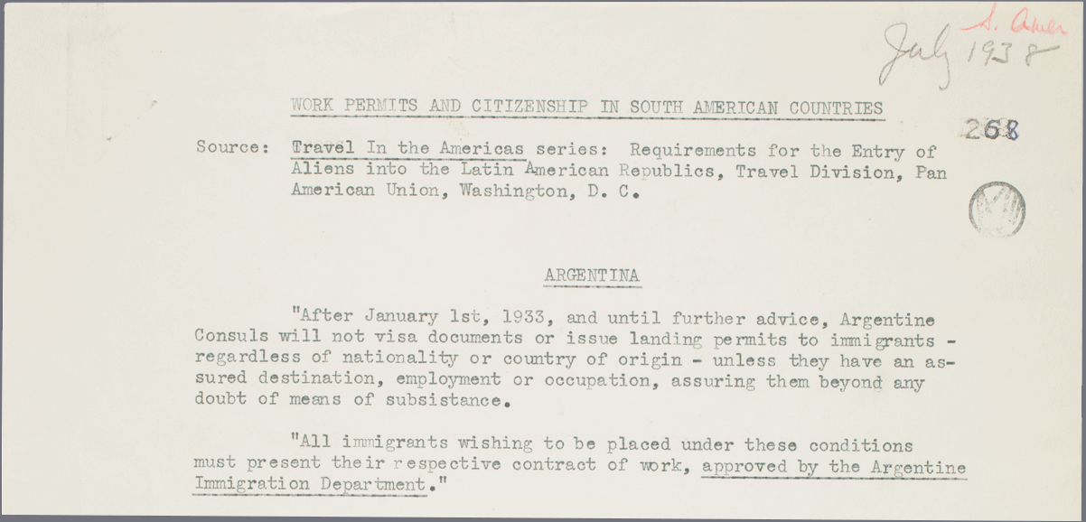 1938 memorandum on “Work Permits and Citizenship in South American Countries - Argentina