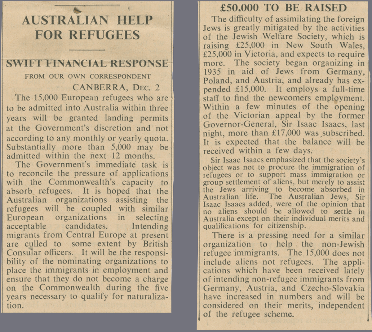 1938 newspaper clipping on Australian help for Jewish refugees.
