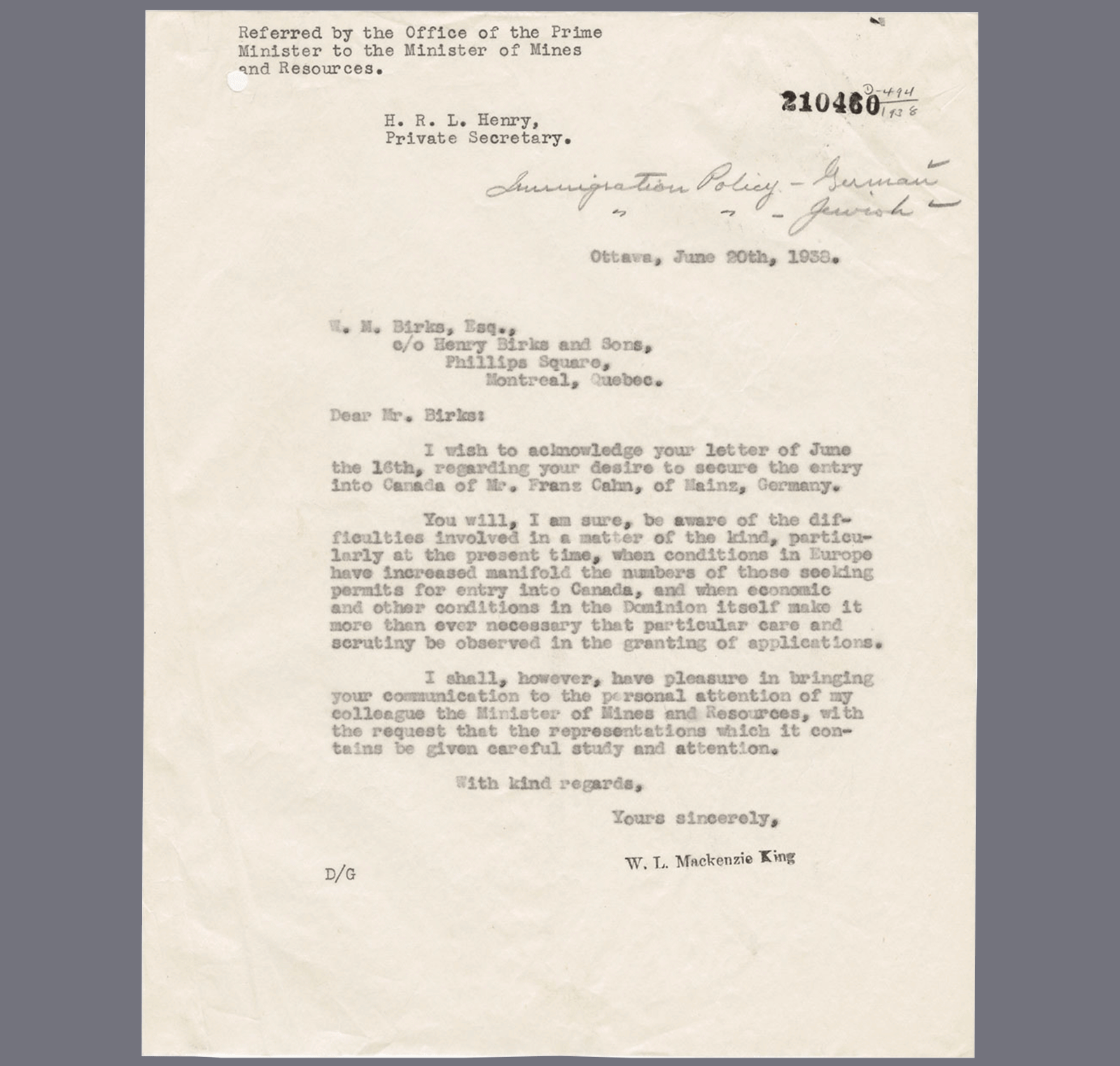William Lyon Mackenzie King Correspondence To W.M. Birks