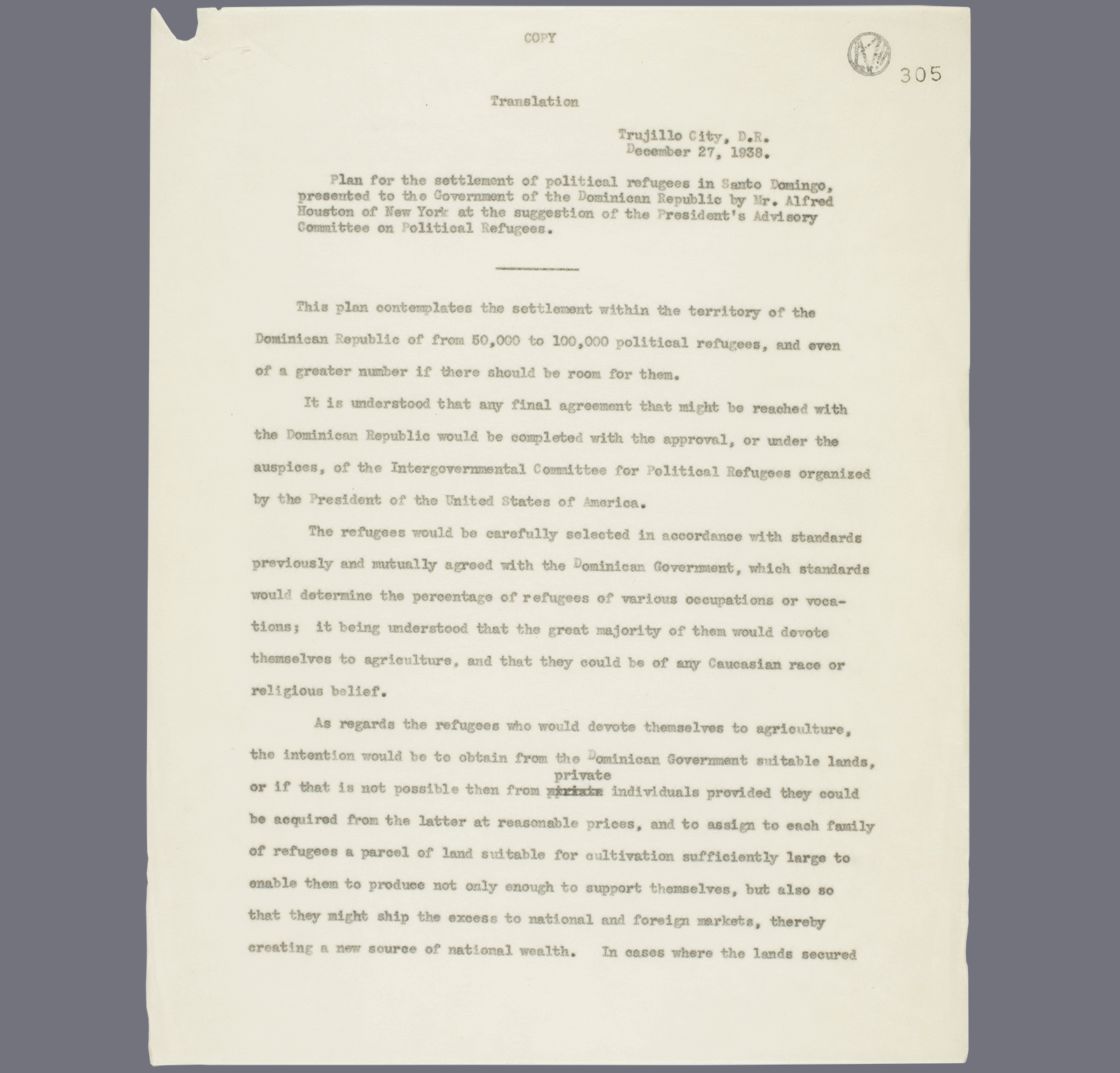 Translation of plan for settlement oj Jewish Refugees in the Dominican Republic