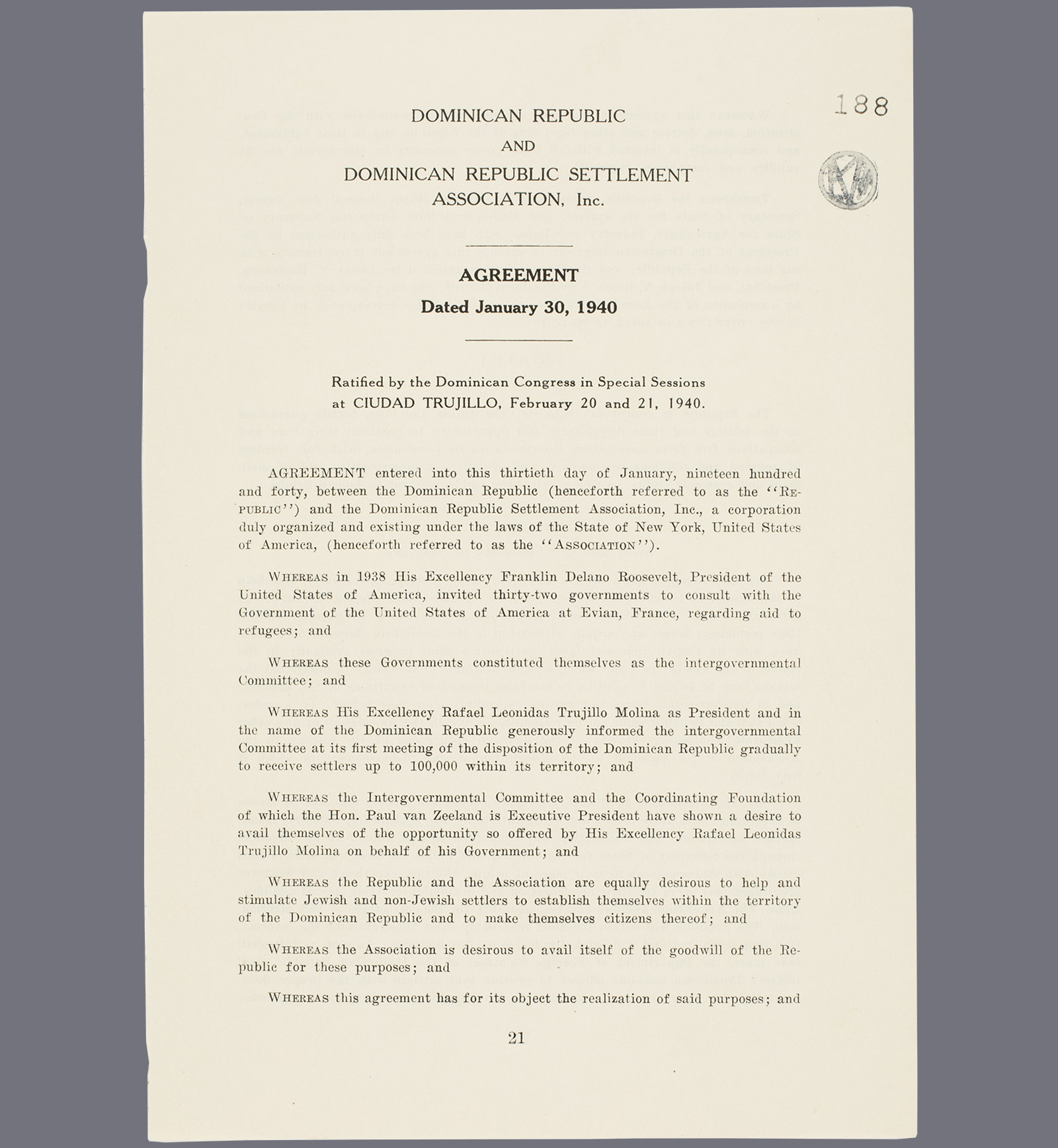 Agreement settlement for Jewish Refugees in the Dominican Republic. Page 21