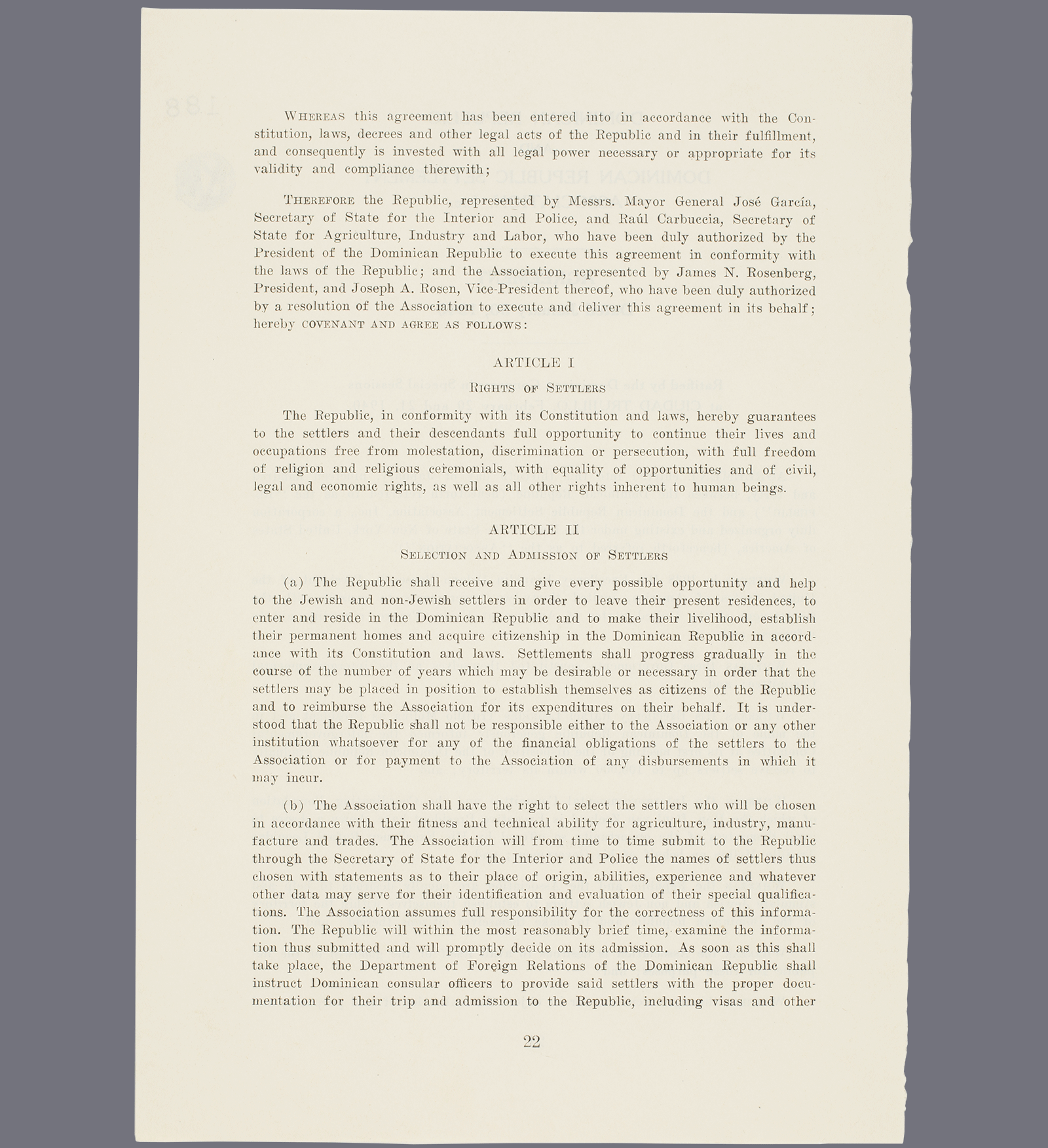 Agreement settlement for Jewish Refugees in the Dominican Republic. Page 22