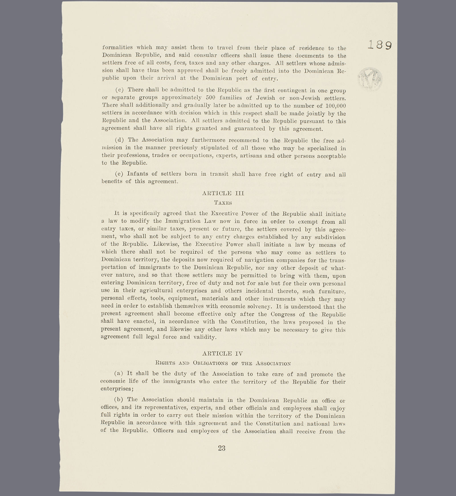 Agreement settlement for Jewish Refugees in the Dominican Republic. Page 23