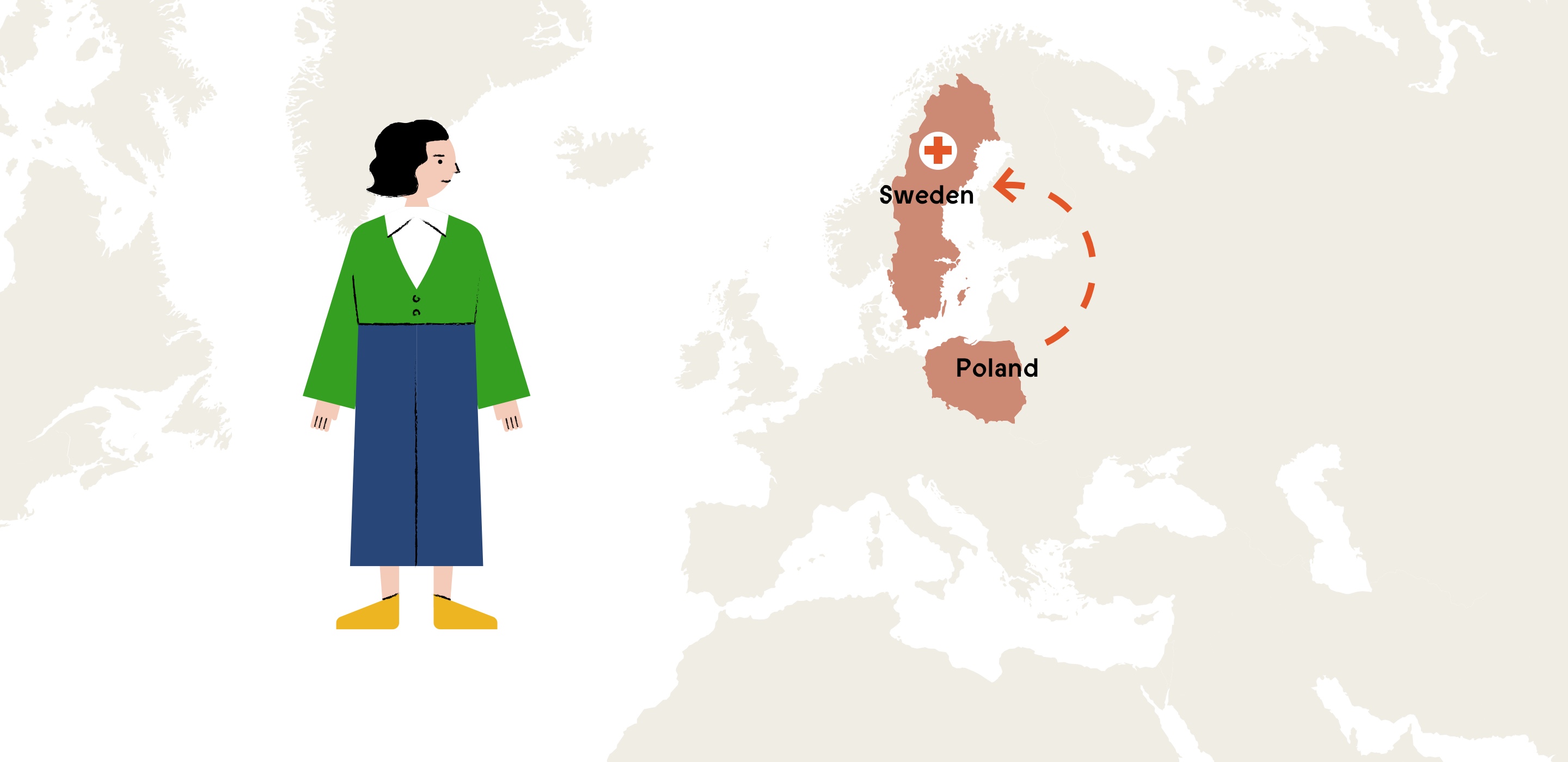 Illustration of Beba and a map highlighting Sweden.
