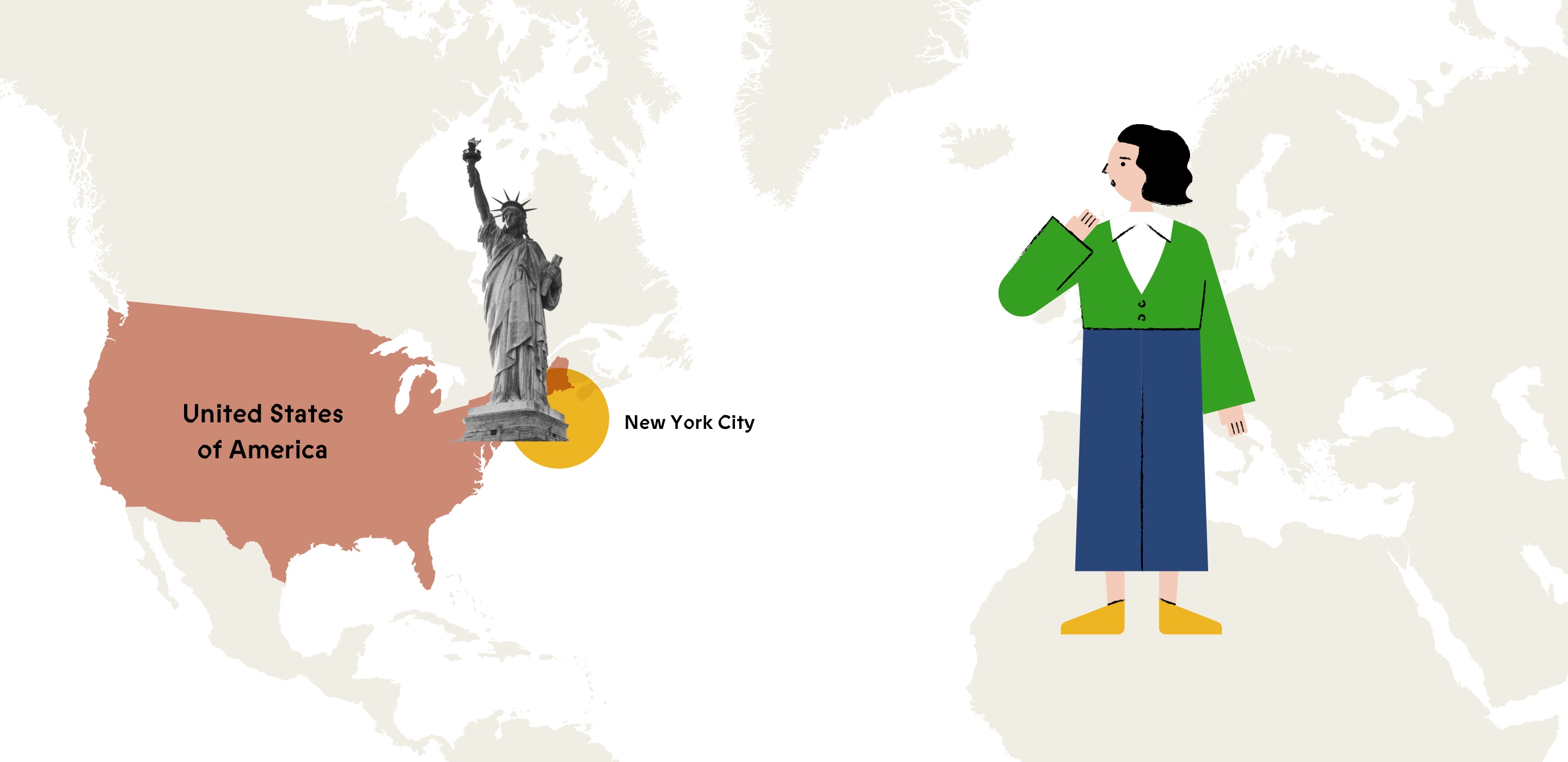 Illustration of Beba and a map highlighting the United States / New York