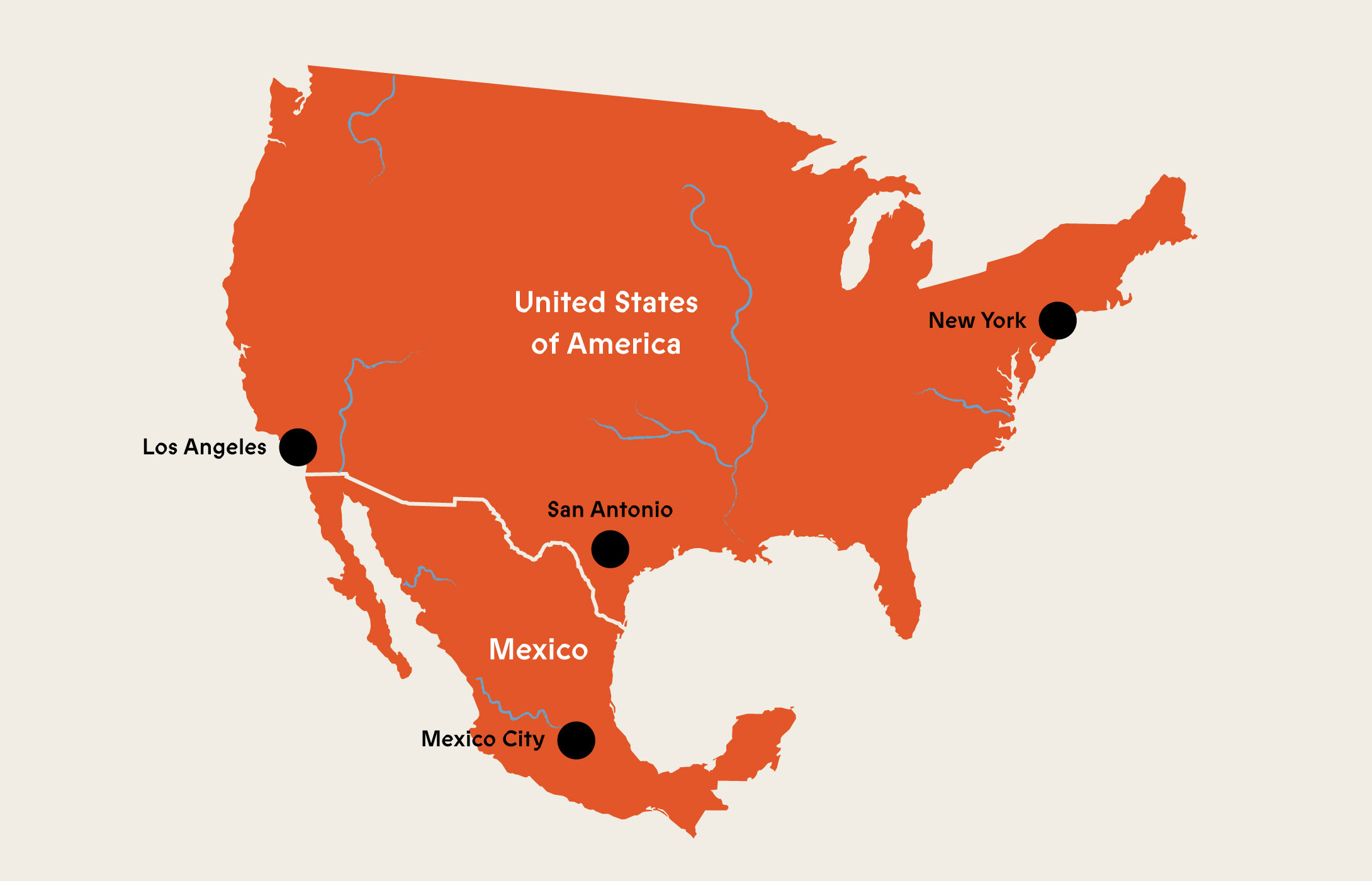 Map plotting Beba's path in North America