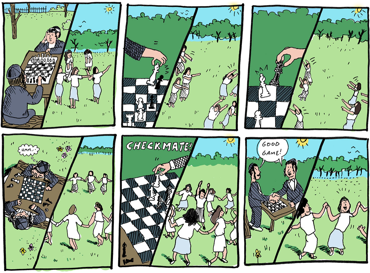 Comic book illustration of children playing chess