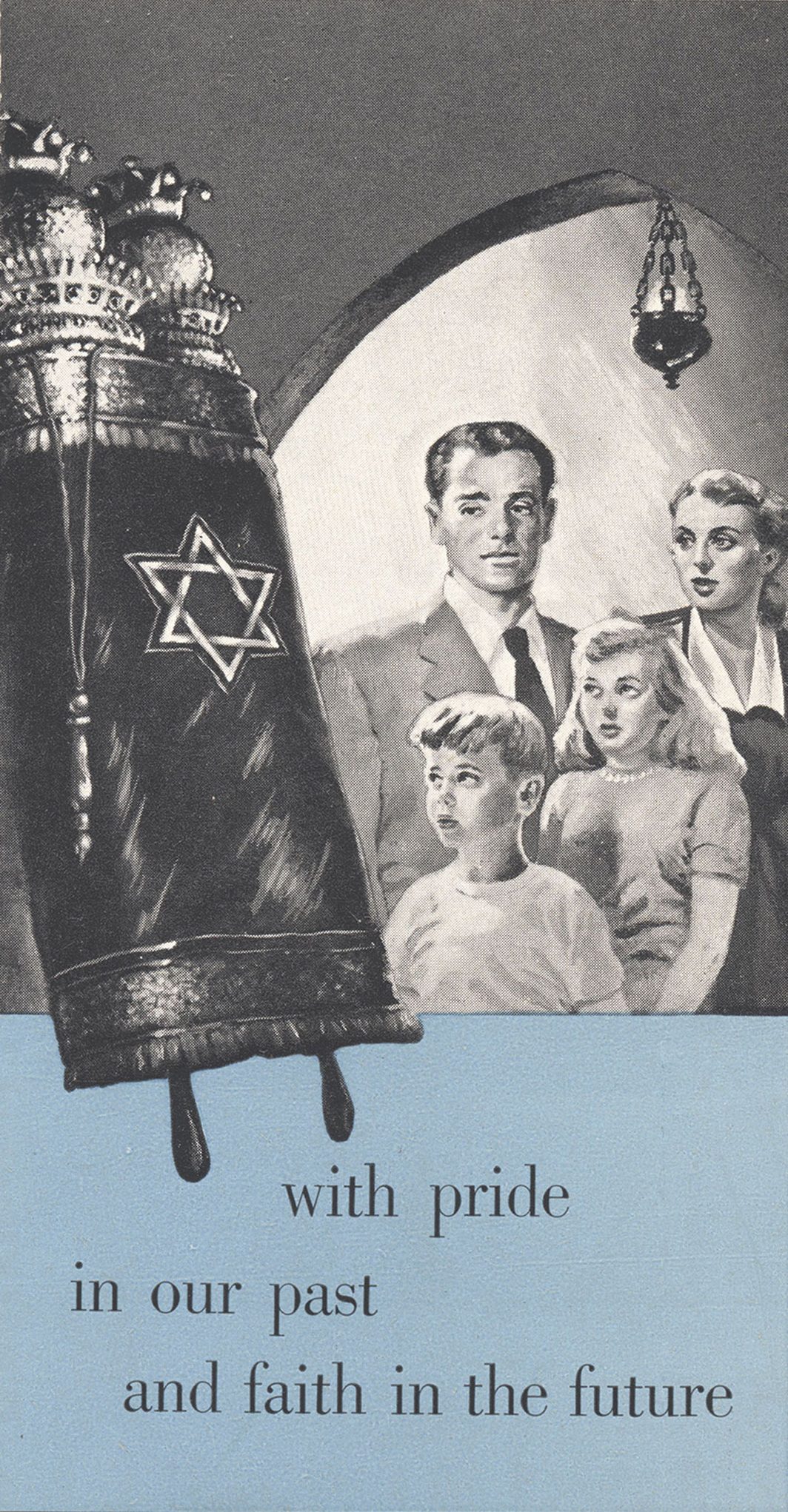 Cover of brochure including a family and a Torah