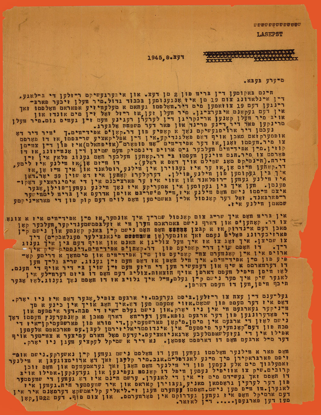 A Letter in typed Yiddish from Lasar to Beba