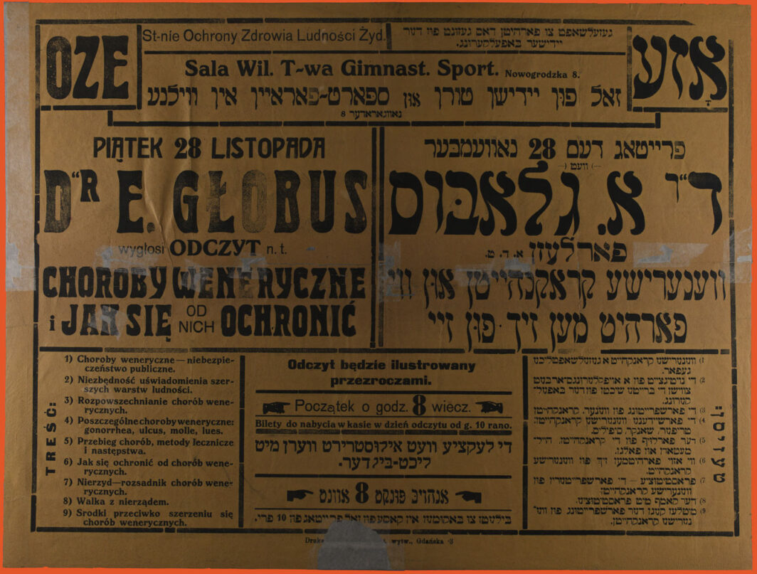 Poster with light colored background, text-only, printed in black ink. Polish to the left and Yiddish to the right.