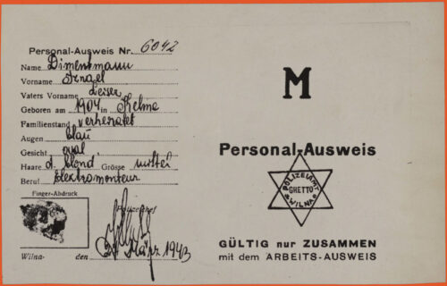 ID card. Black ink print on white paper, filled by hand in Black ink. In German. Left side has the personal information and right side has the title and a star of david with the inscription Ghetto Politzei Wilna