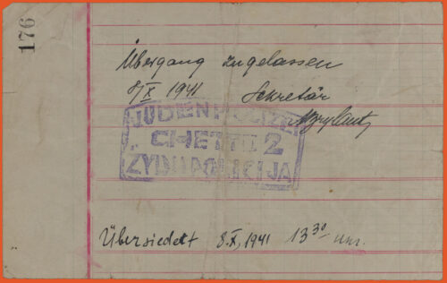 Handwritten ID document with a stamp in the middle, in German. Front of document. Number 176 stamped at the top left corner.