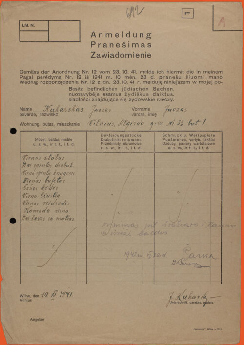 Print document, black ink on white paper. The document is in German, Lithuanian, and Polish, with three columns for entries. There are 9 entries, handwritten in black ink.