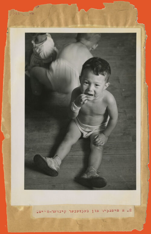 Black and white photo glued on a paer with torn edges and with a caption typed in Yiddish right below. It shows a little boy sitting on the floor facing the camera. He seems to be upset or crying, and is wearing cotton diapers and boots only. right behind him is another baby with their back to the camera, squatting and moving, wearing only cotton diapers.