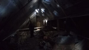 Photograph of an attic. Very low lighting, and the sun is entering the space through slits in the roof. Many things clutter the floor but you can't see exactly what they are, and there is the silhouette of a person, likely a woman, on the left side.