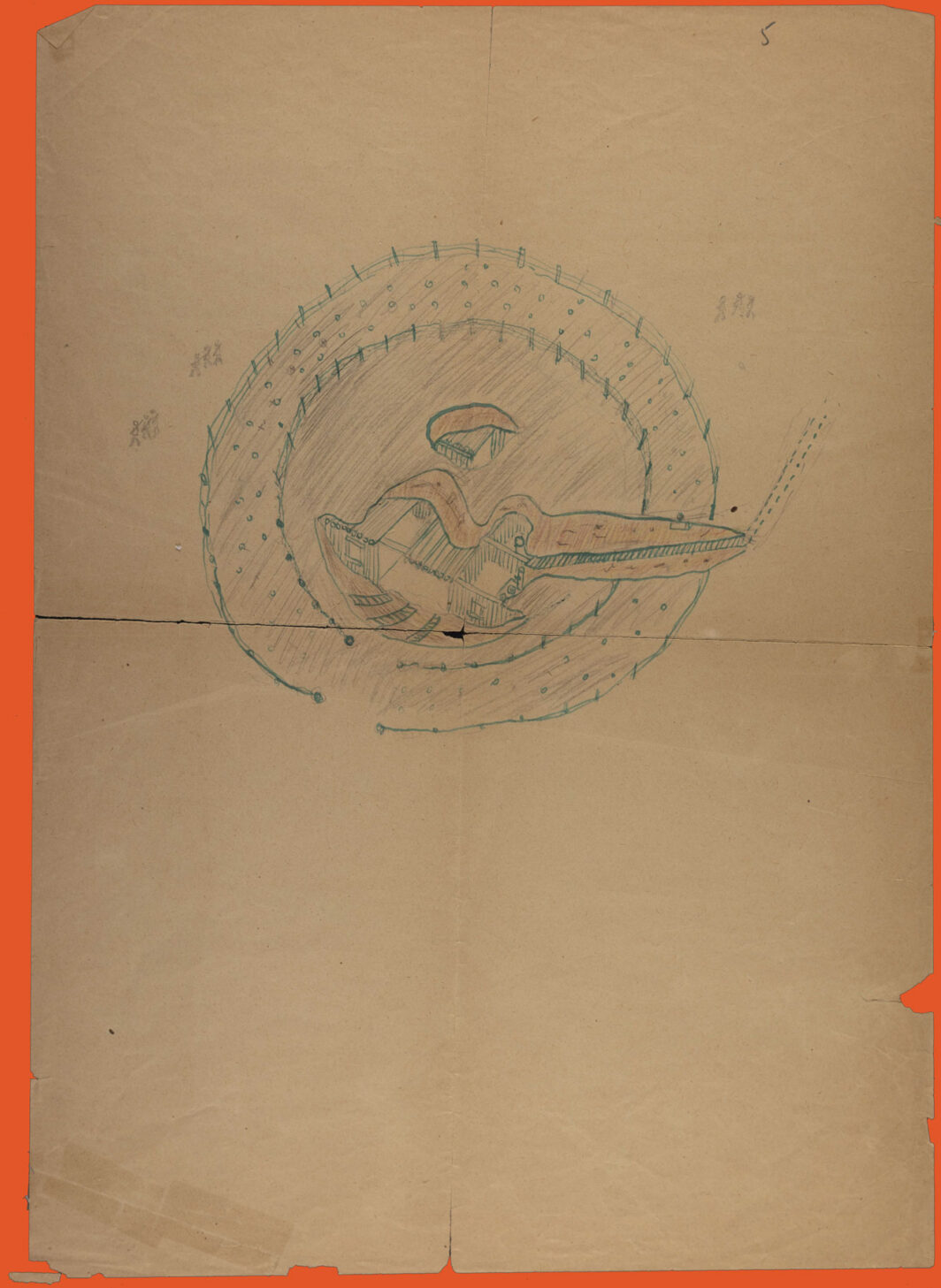 map of an area in the shape of a circle. The outerskirts of the area seem to have a fenced 