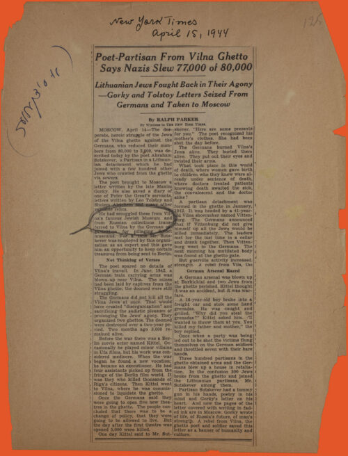 Newspaper clipping glued on white paper. Paper has thorn edges. Headline reads: "Poet Partisan from Vilna Ghetto Says Nazis Slew 77,000 of 80,000"