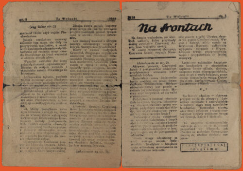 Newspaper spread, black ink on white paper. In Polish. Each side has text over two columns, with the title across the page on the right side.