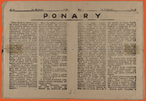 Newspaper spread, black ink on white paper. In Polish. Each side has text over two columns. The tile runs across the middle of the spread, and says 