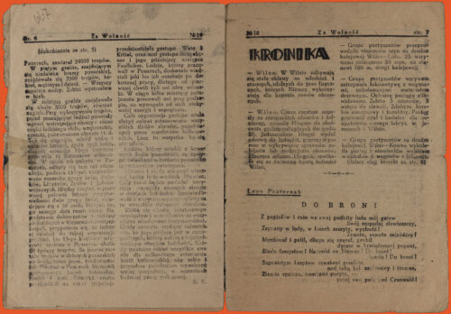 Newspaper spread, black ink on white paper. In Polish. Each side has text over two columns. The bottom of the right page has text on a single column.