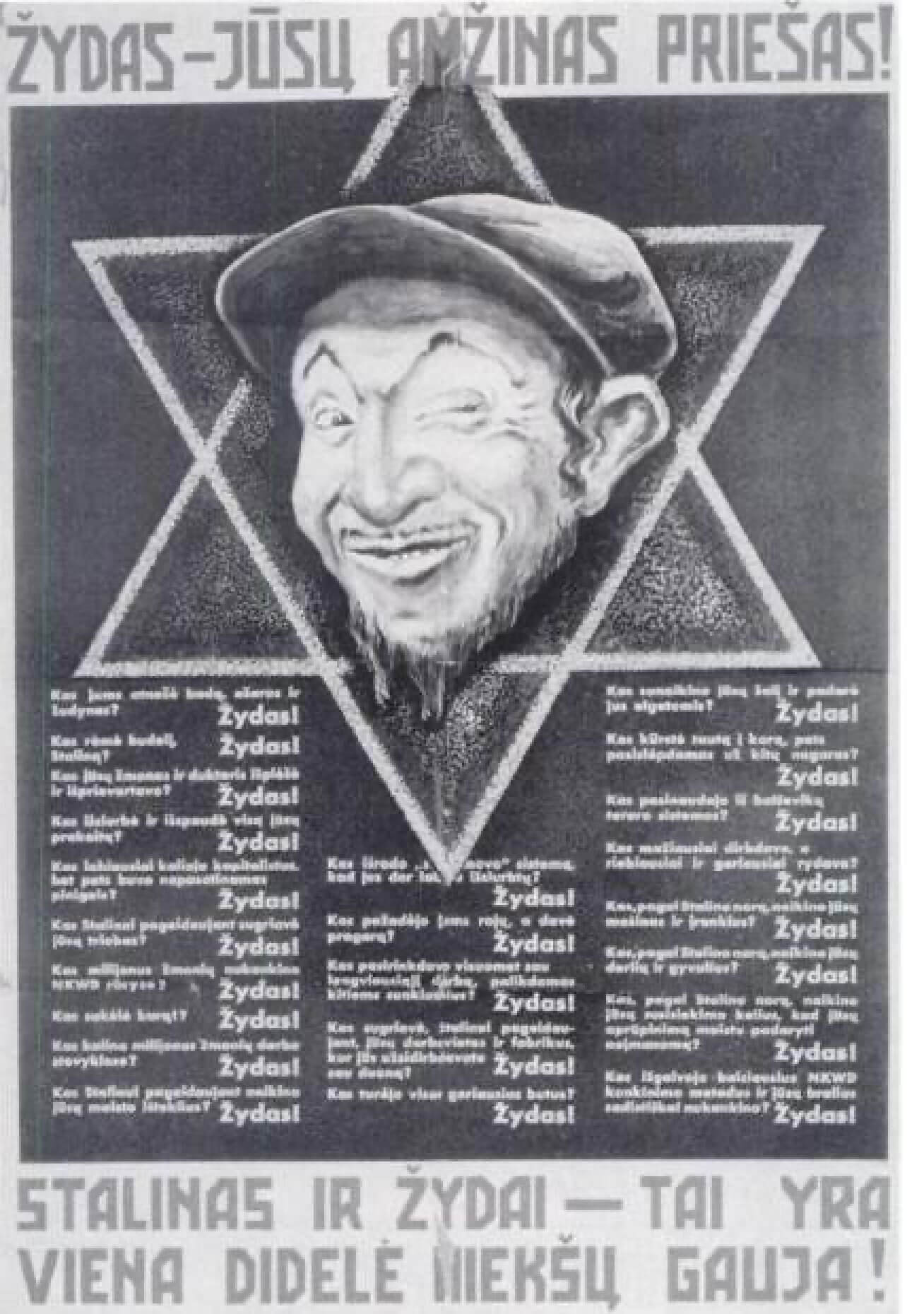 Antisemitic and anti-Soviet propaganda poster written in Lithuanian reads, “A Jew is your eternal enemy.”