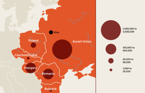 Map of Jewish population in East European countries after the Holocaust.